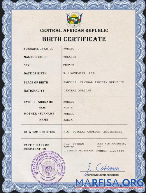 Realistic Central African Republic birth certificate example